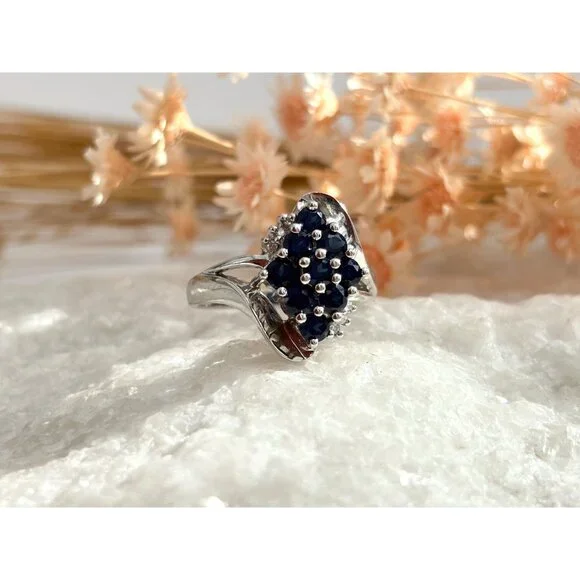 10k White Gold Blue Sapphire & White Diamond Vintage Gemstone Cocktail Ring sz 7 - Picture 2 of 10